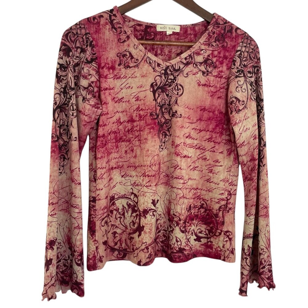 Vtg Y2K Xcit USA Bell Sleeve V Neck Top Petite Medium Tattoo Floral Boho Fairy